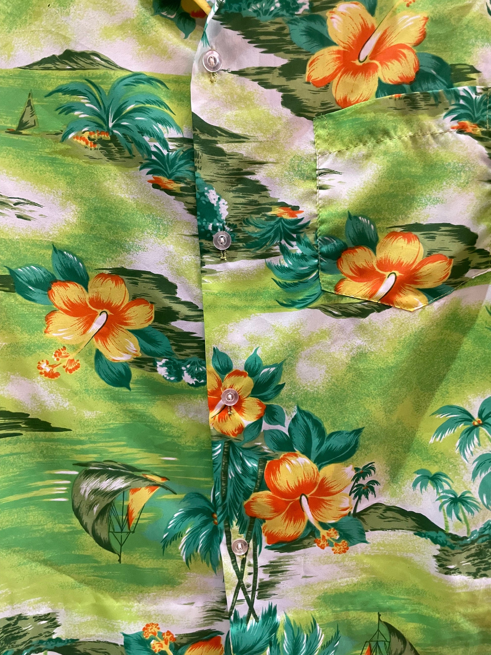 Vintage Pomare Tahiti Hawaiian Shirt Bright Colorful Hibiscus Print