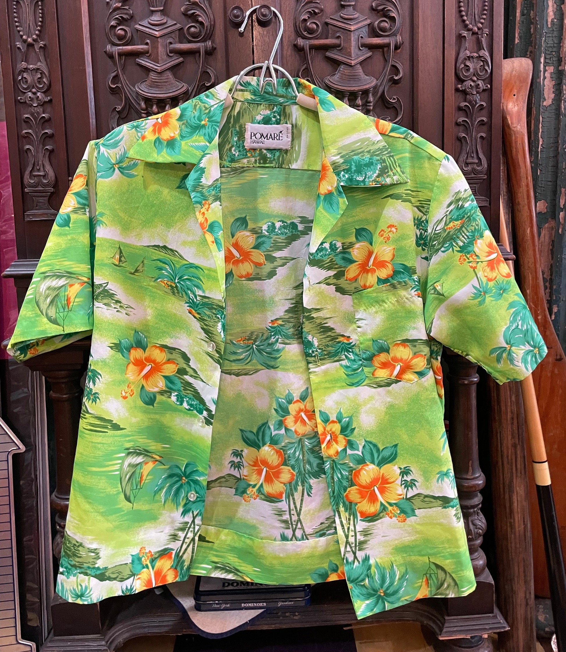 Vintage Pomare Tahiti Hawaiian Shirt Bright Colorful Hibiscus Print