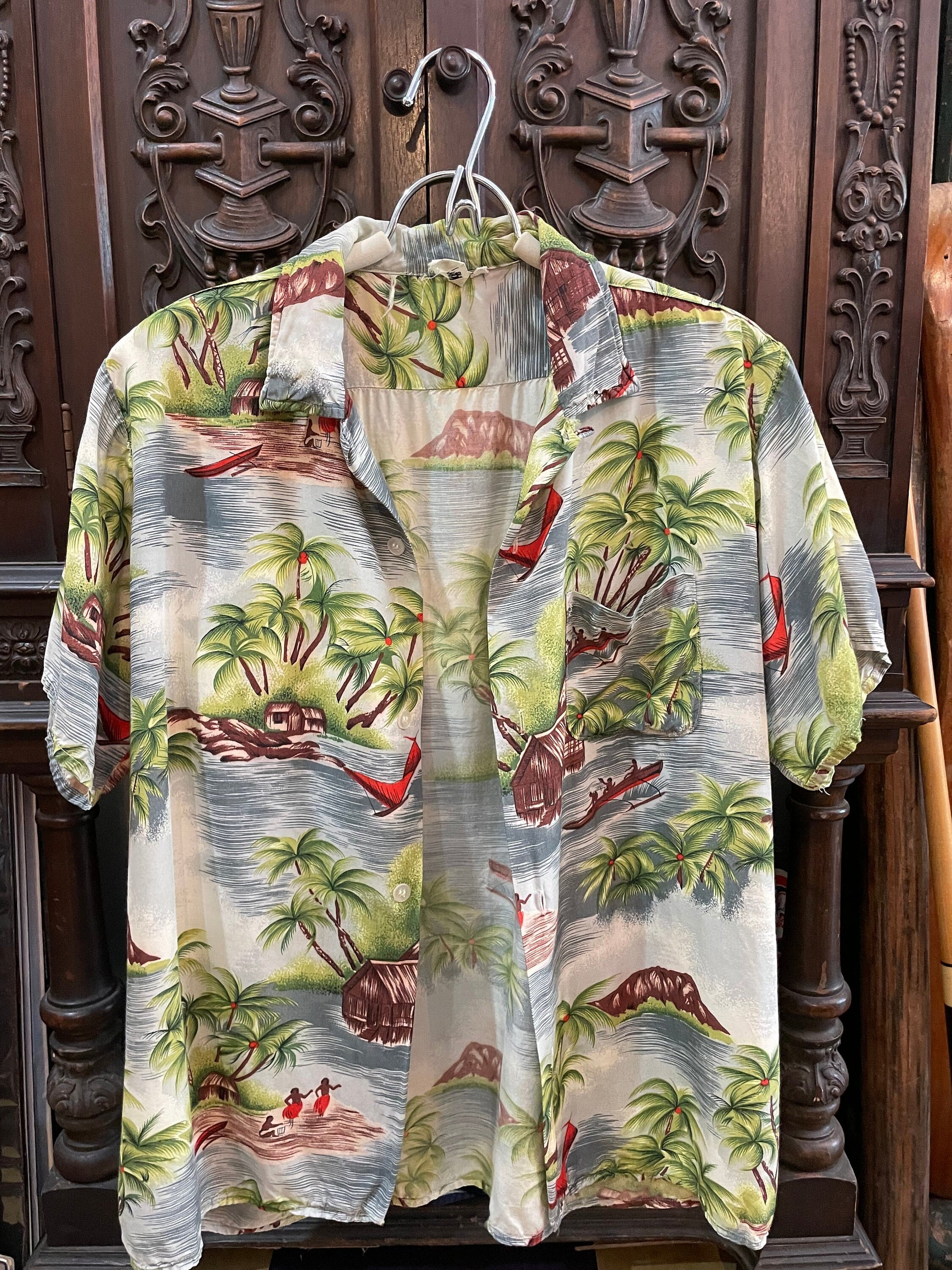 Vintage Hawaiian Shirt Aloha Sports Wear Hand Printed, Hawaiians, Palm Trees, Colorful Designs