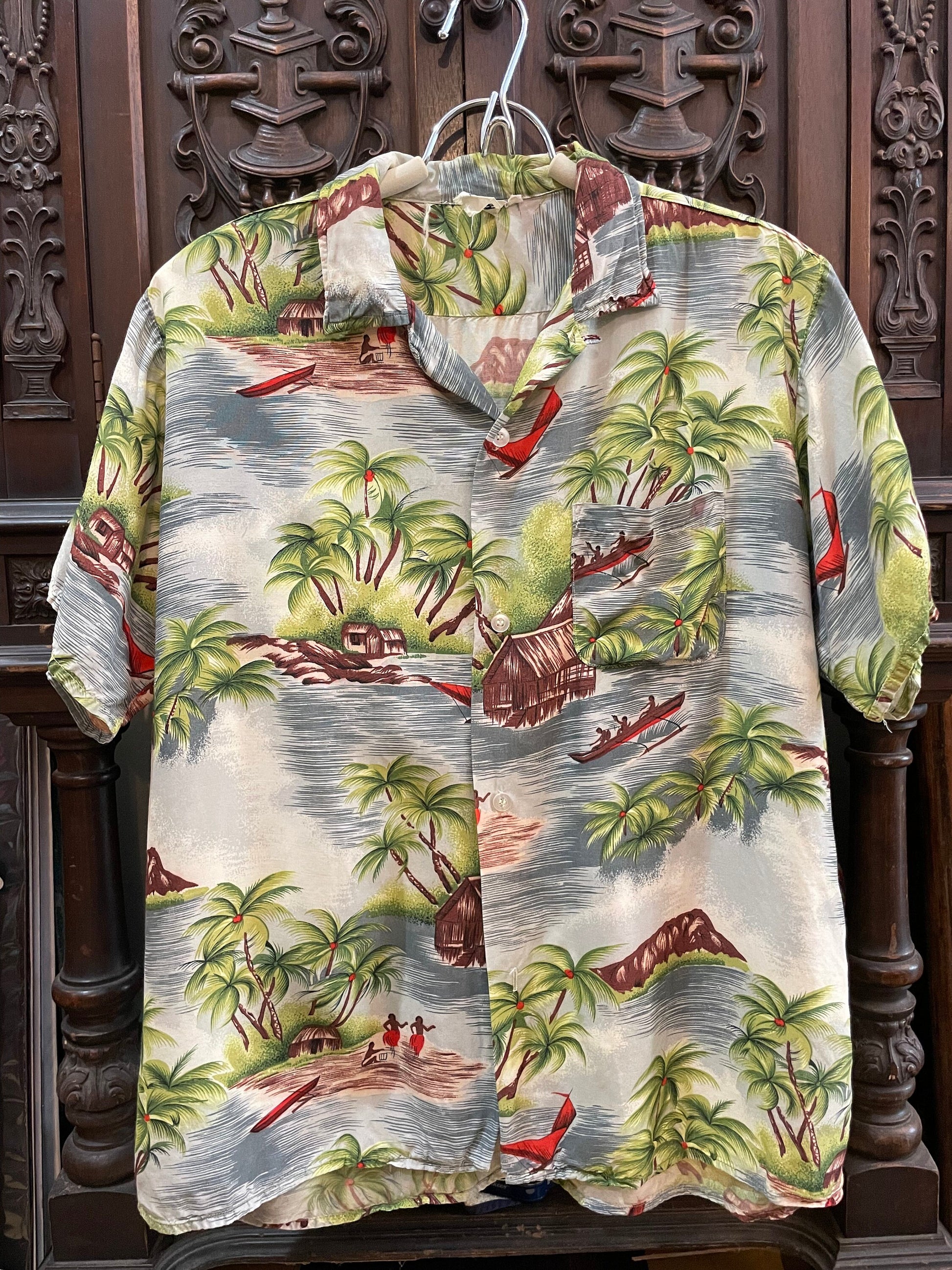 Vintage Hawaiian Shirt Aloha Sports Wear Hand Printed, Hawaiians, Palm Trees, Colorful Designs