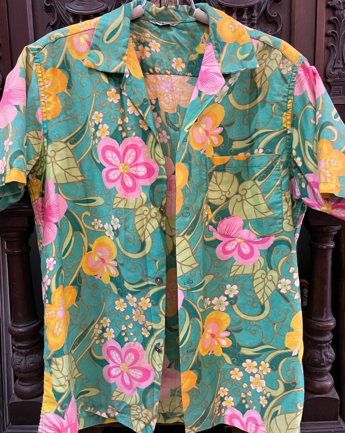 Vintage Green, Yellow, and Pink Floral Hawaiian Shirt Made in Hawaii, Hawaiian Shirt, Button Down Shirt, Vintage Clothing