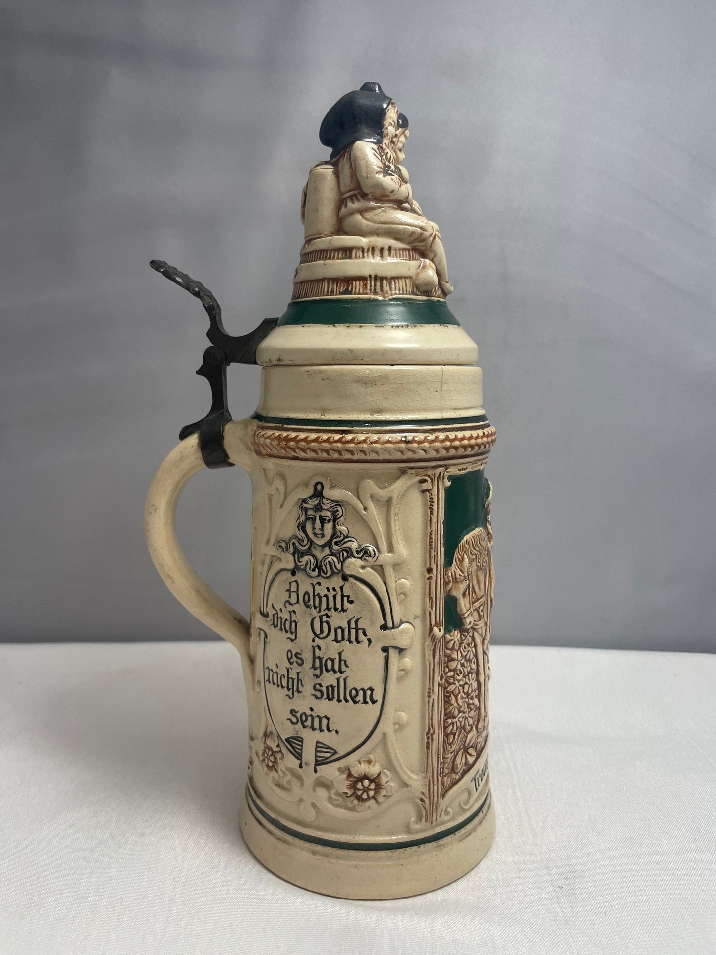 Antique Early 1900's German Beer Stein, Gnome Top, Ceramic Lid Pewter, Thumb-lift, Rare Collectible, Relief Designs