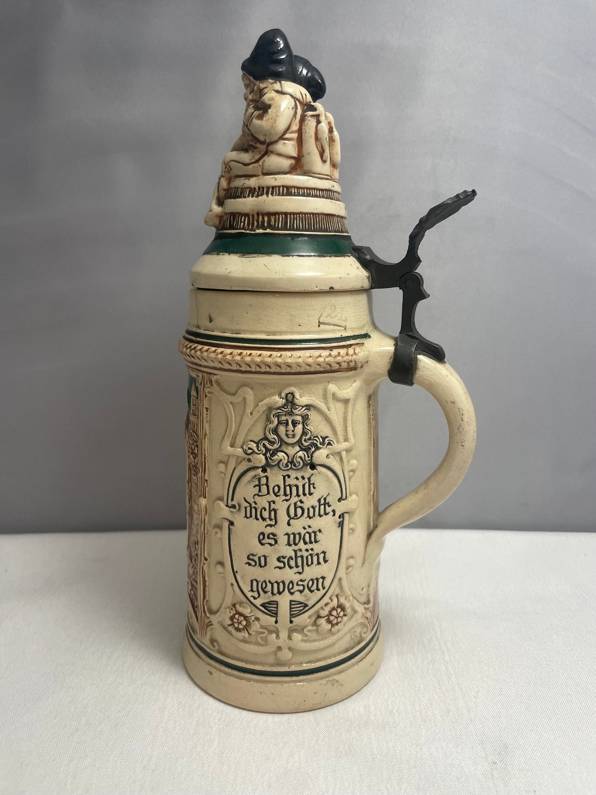 Antique Early 1900's German Beer Stein, Gnome Top, Ceramic Lid Pewter, Thumb-lift, Rare Collectible, Relief Designs