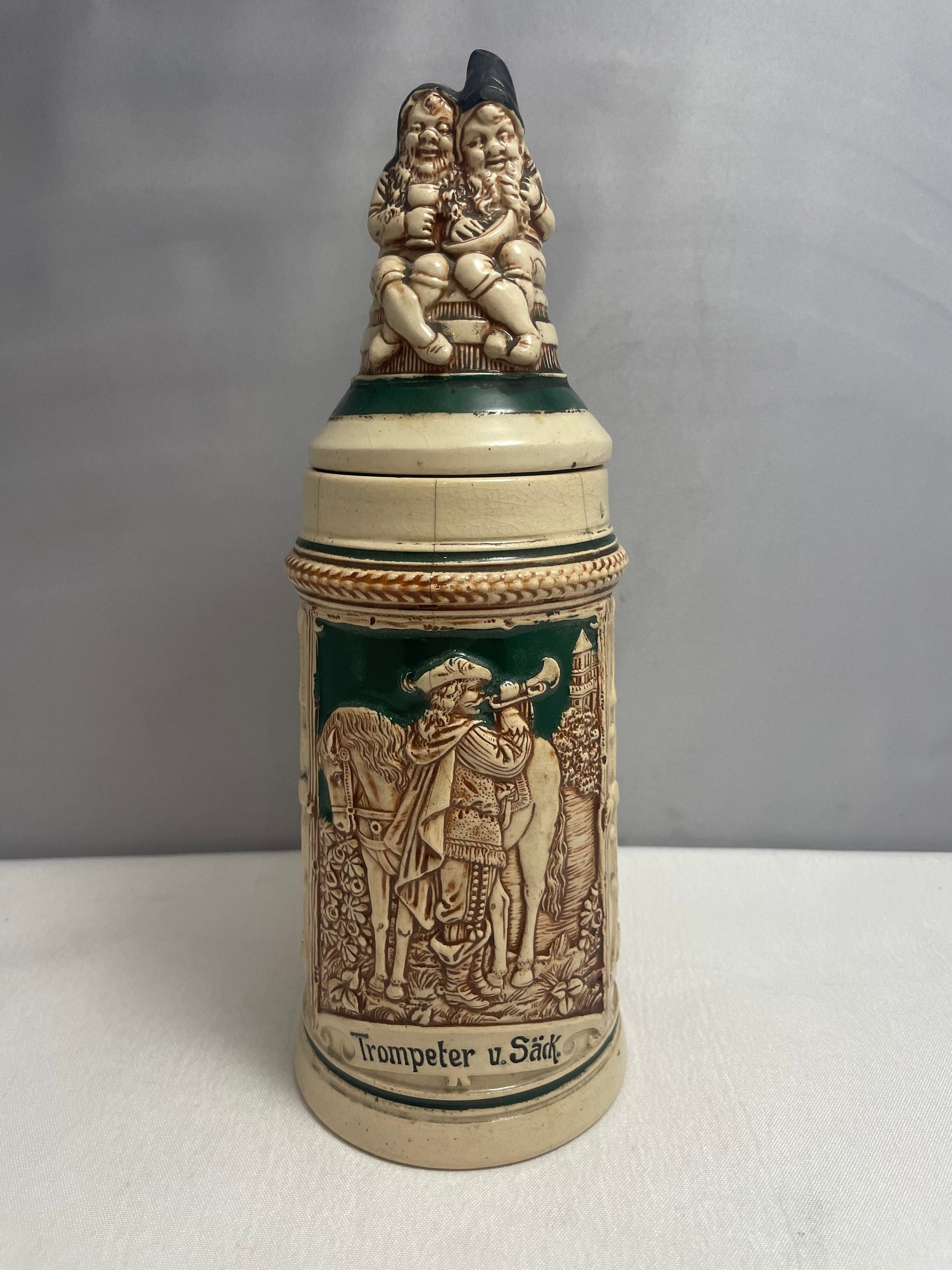 Antique Early 1900's German Beer Stein, Gnome Top, Ceramic Lid Pewter, Thumb-lift, Rare Collectible, Relief Designs