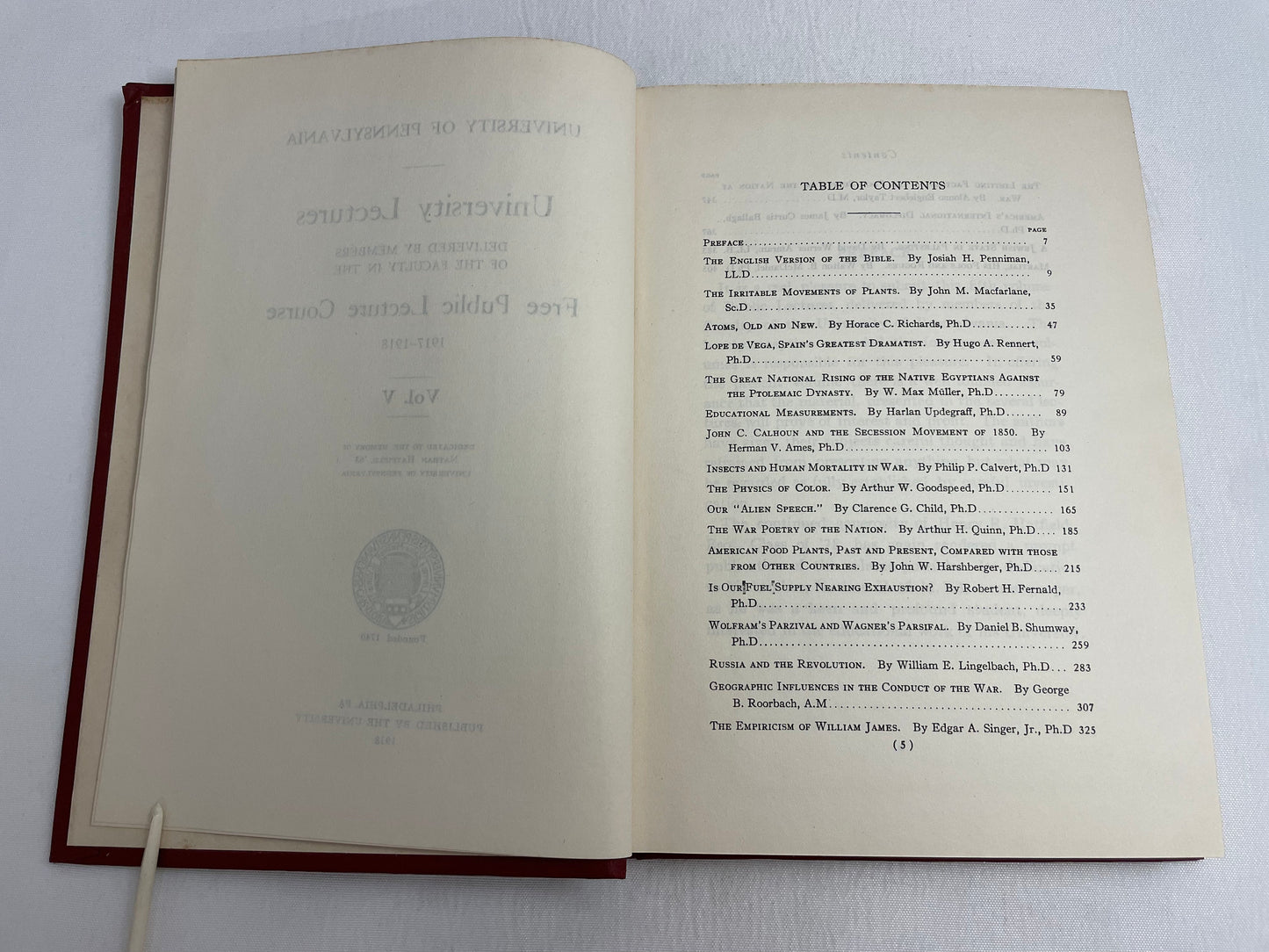 University of Pennsylvania, University Lectures, Free Public Lecture Course, 1917-1918 Volume V