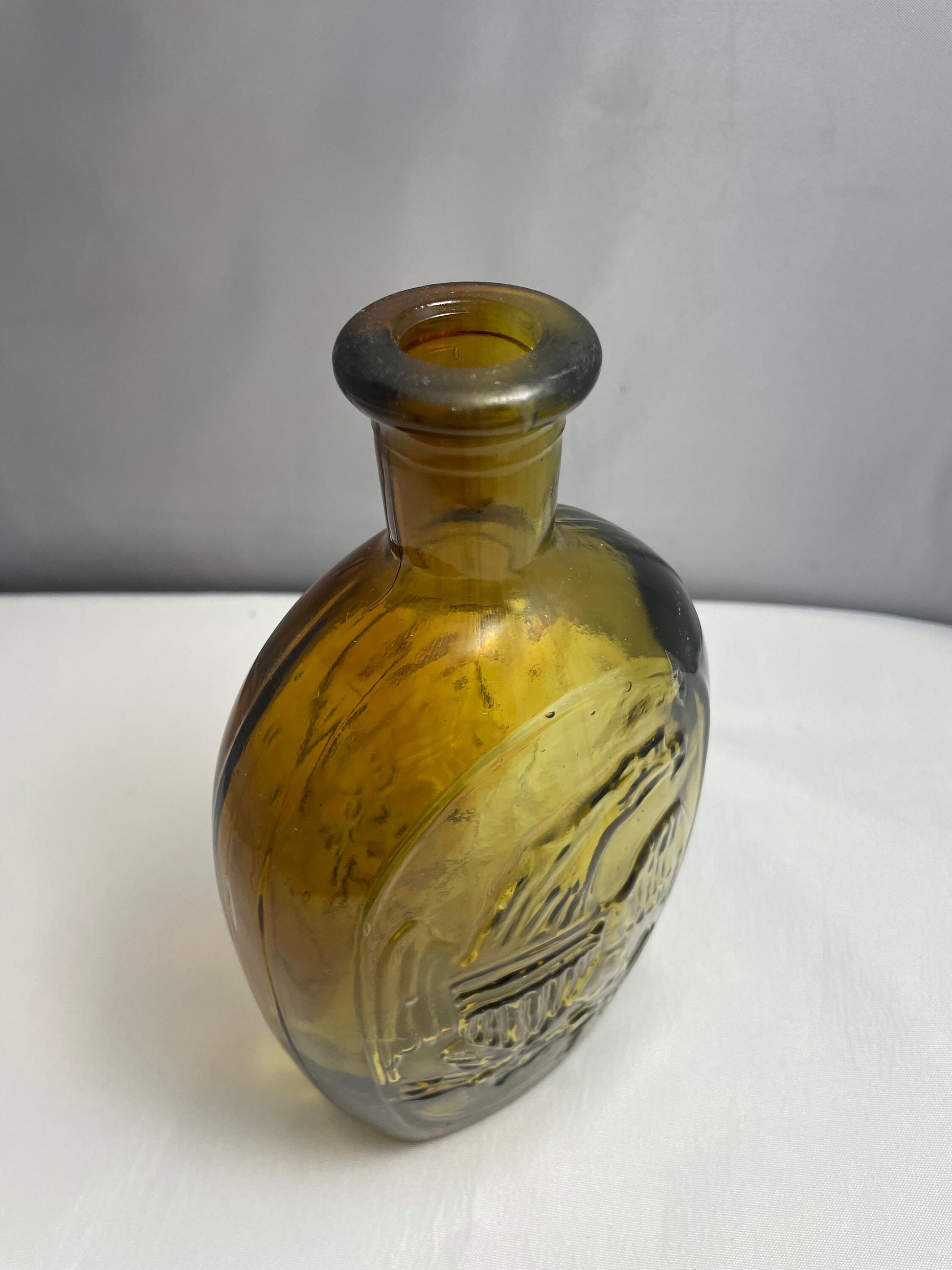 Vintage 1960's Amber Glass Bottle, Bald Eagle and Lady Liberty Designs, Decanter, Collectible Glass