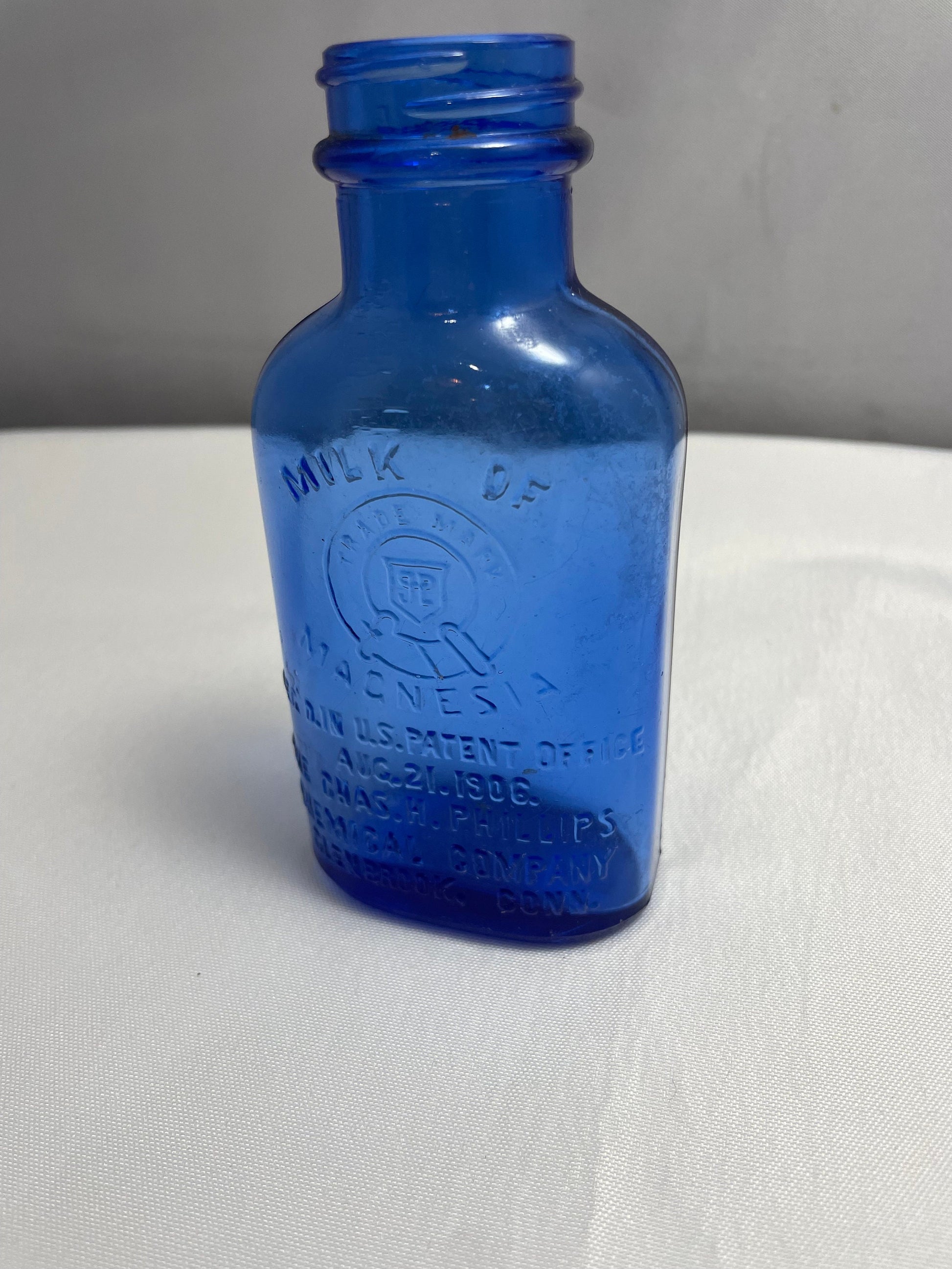 Antique 1930's Milk of Magnesia Chas.H.Phillips Chemical Company Glenbrook, Conn. Blue Glass, Collectible Glassware