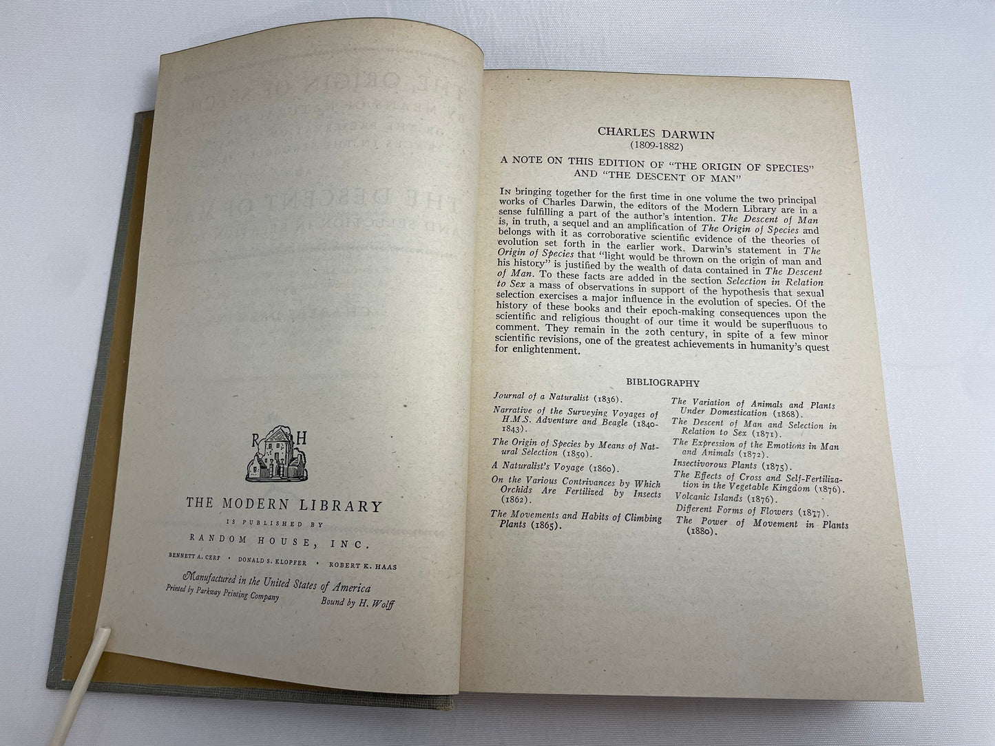 The Origin of the Species and The Descent of Man by Charles Darwin, The Modern Library 1950's Edition, Rare Collectible Book