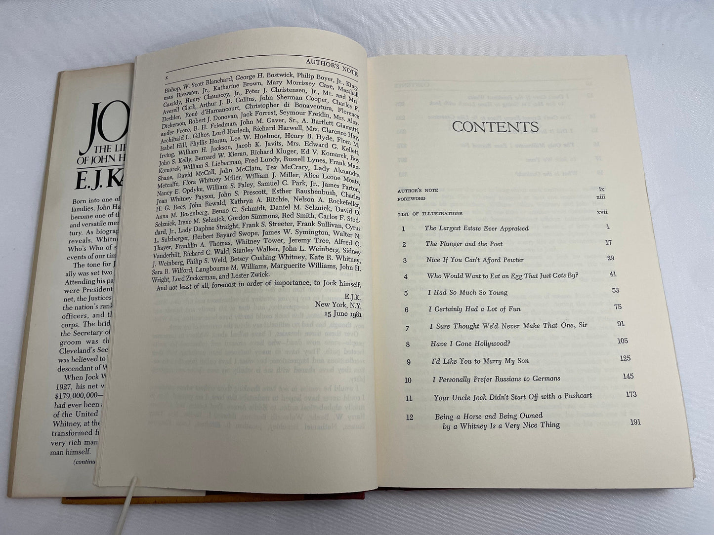 Jock: The Life and Times of John Hay Whitney by E.J. Kahn, Jr. 1981 First Edition, Hardcover, Collectible Book, Vintage Novel