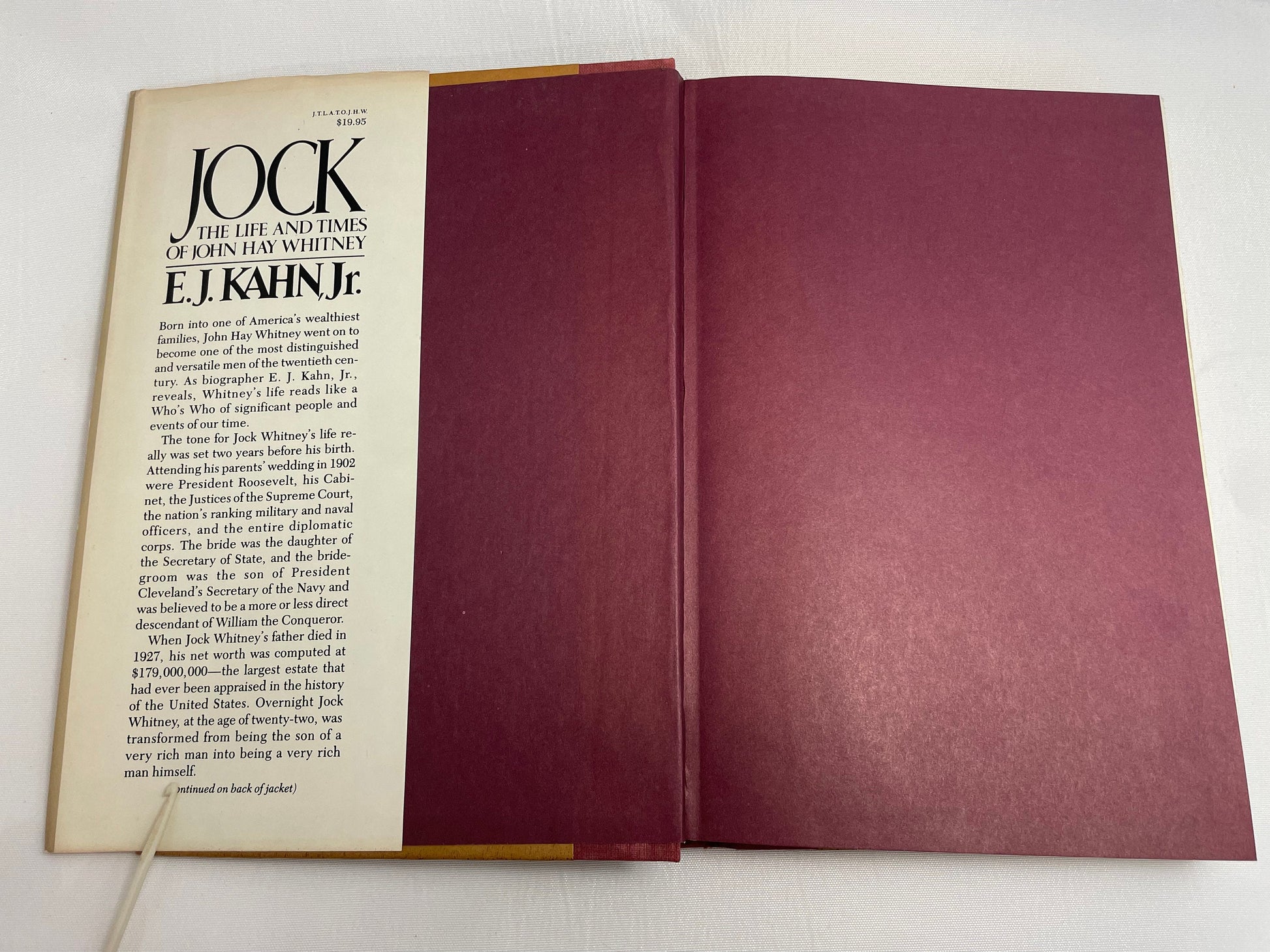 Jock: The Life and Times of John Hay Whitney by E.J. Kahn, Jr. 1981 First Edition, Hardcover, Collectible Book, Vintage Novel