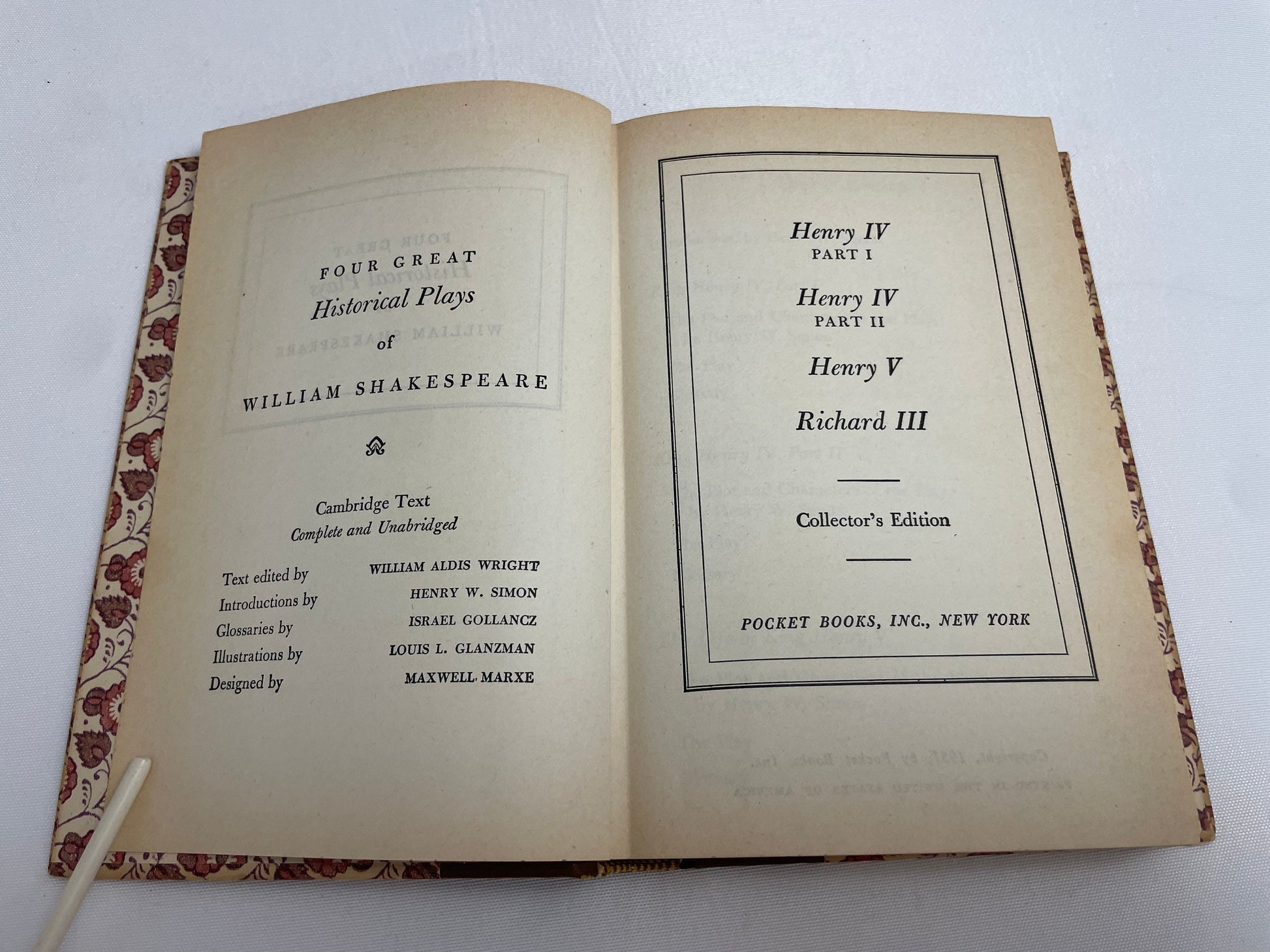 Four Great Historical Plays of William Shakespeare, 1951 Edition, Hardcover, Collector's Edition, Tragedies, Comedies,Pocket Books