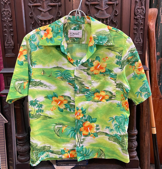 Vintage Pomare Tahiti Hawaiian Shirt Bright Colorful Hibiscus Print