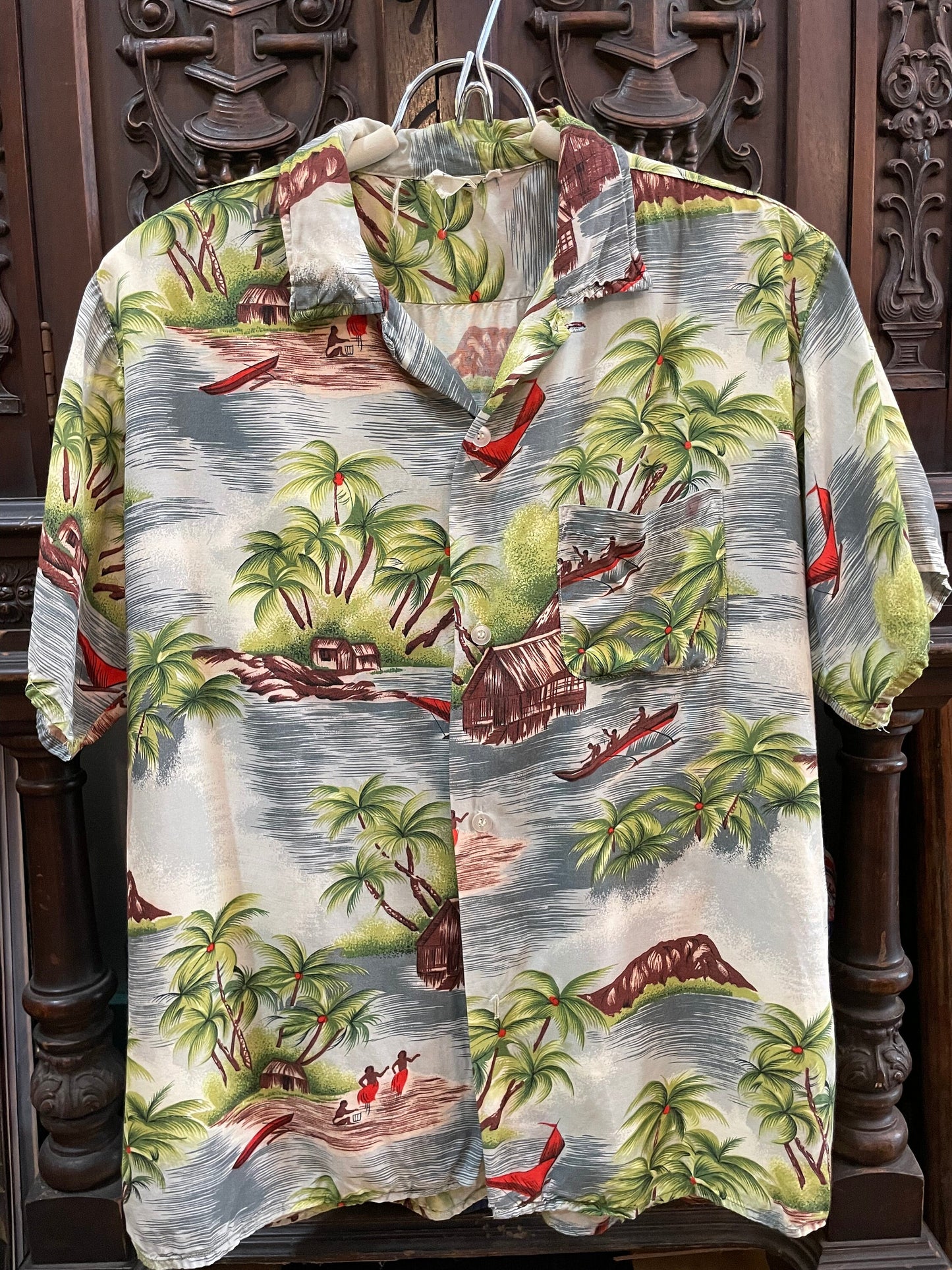 Vintage Hawaiian Shirt Aloha Sports Wear Hand Printed, Hawaiians, Palm Trees, Colorful Designs