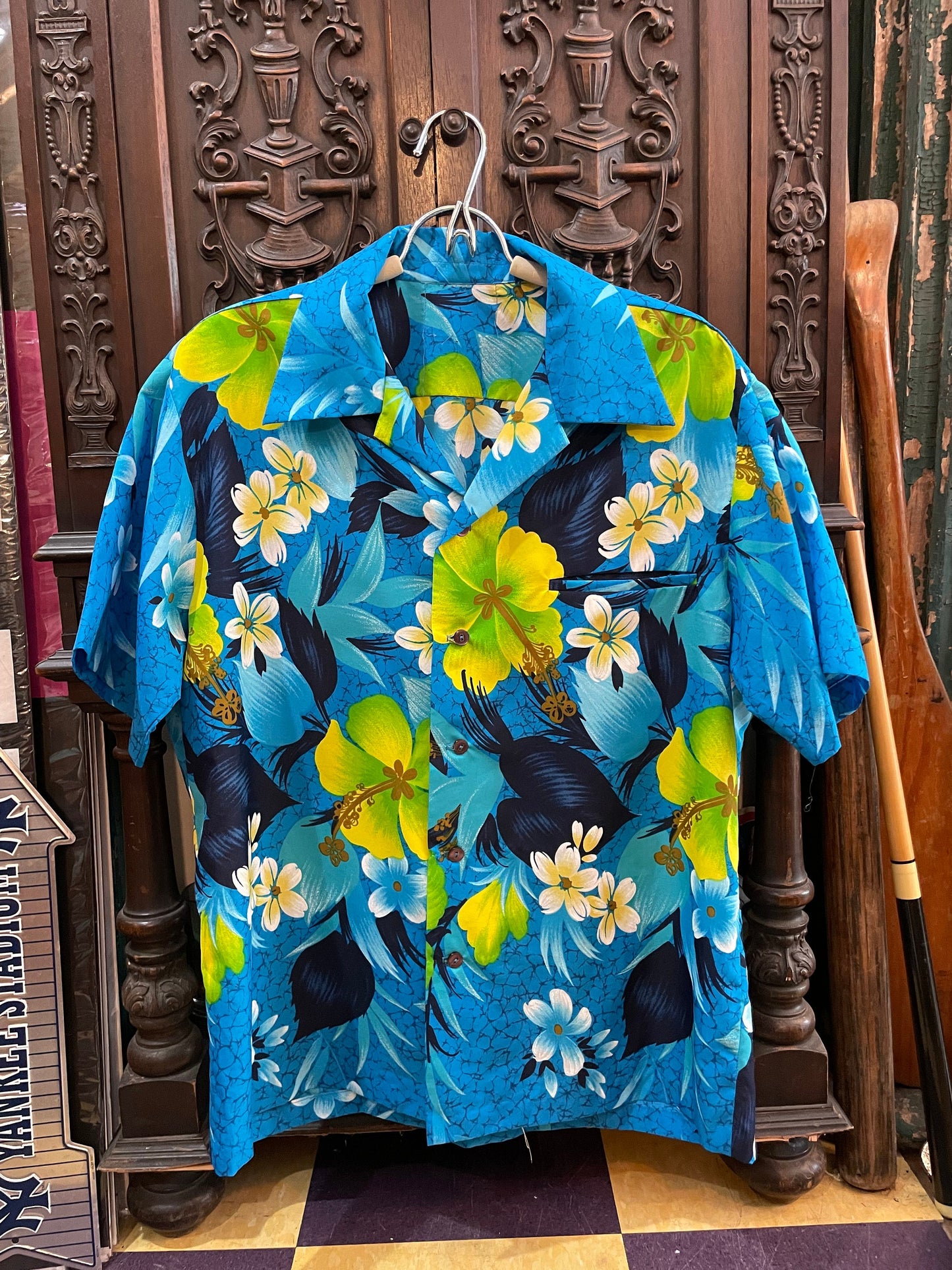 Vintage 60's Hawaiian Shirt, Multicolored, Primarily Blue Hibiscus Flowers, NO TAG