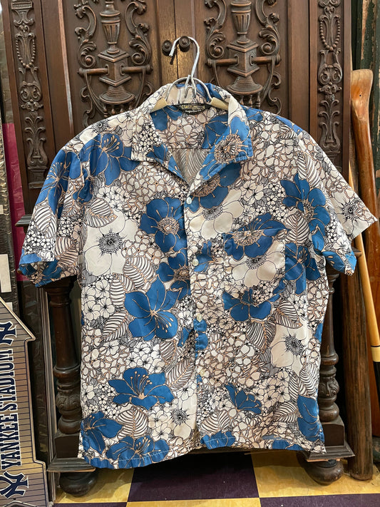 Vintage's Hawaiian Shirt A Product of Coastline Originals Surfers Paradise, Silk Shirt, Blue and White Floral Design