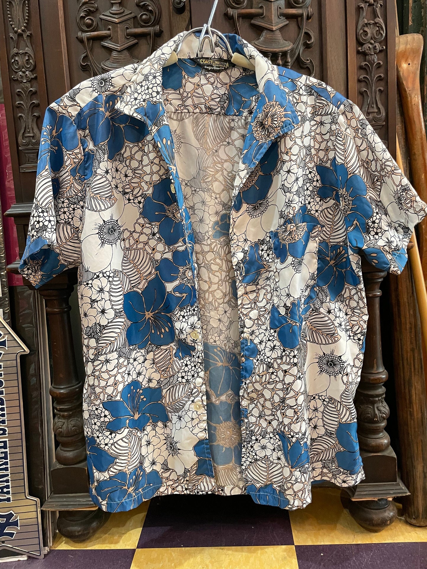 Vintage's Hawaiian Shirt A Product of Coastline Originals Surfers Paradise, Silk Shirt, Blue and White Floral Design