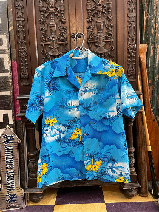 Vintage Hawaiian Shirt, Multicolored, Made in Hawaii, Yellow Hibiscus Flowers and Blue Palm Trees/Ocean