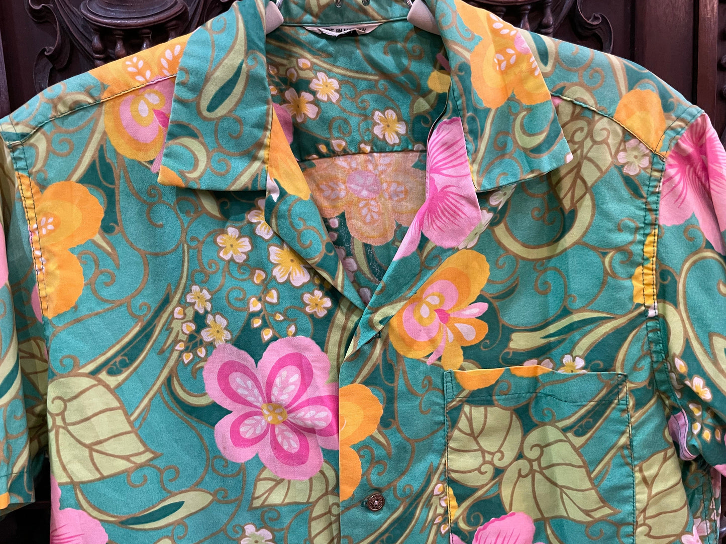 Vintage Green, Yellow, and Pink Floral Hawaiian Shirt Made in Hawaii, Hawaiian Shirt, Button Down Shirt, Vintage Clothing