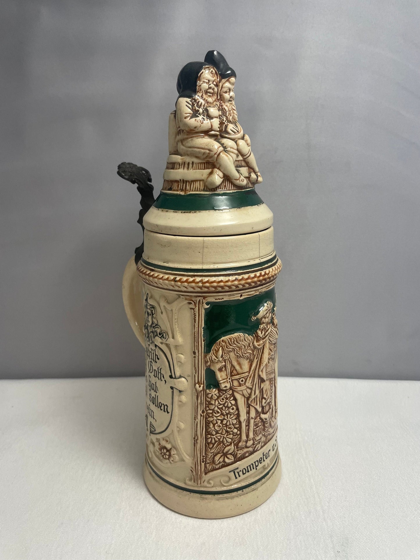 Antique Early 1900's German Beer Stein, Gnome Top, Ceramic Lid Pewter, Thumb-lift, Rare Collectible, Relief Designs