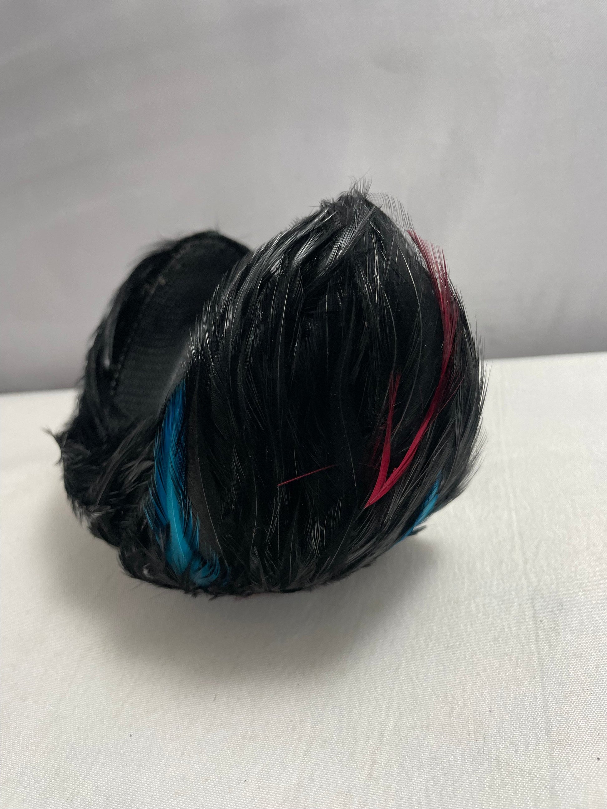 1920's Black/Red/Turquoise Feather Headband, Flapper Headwear, Vintage Headpiece