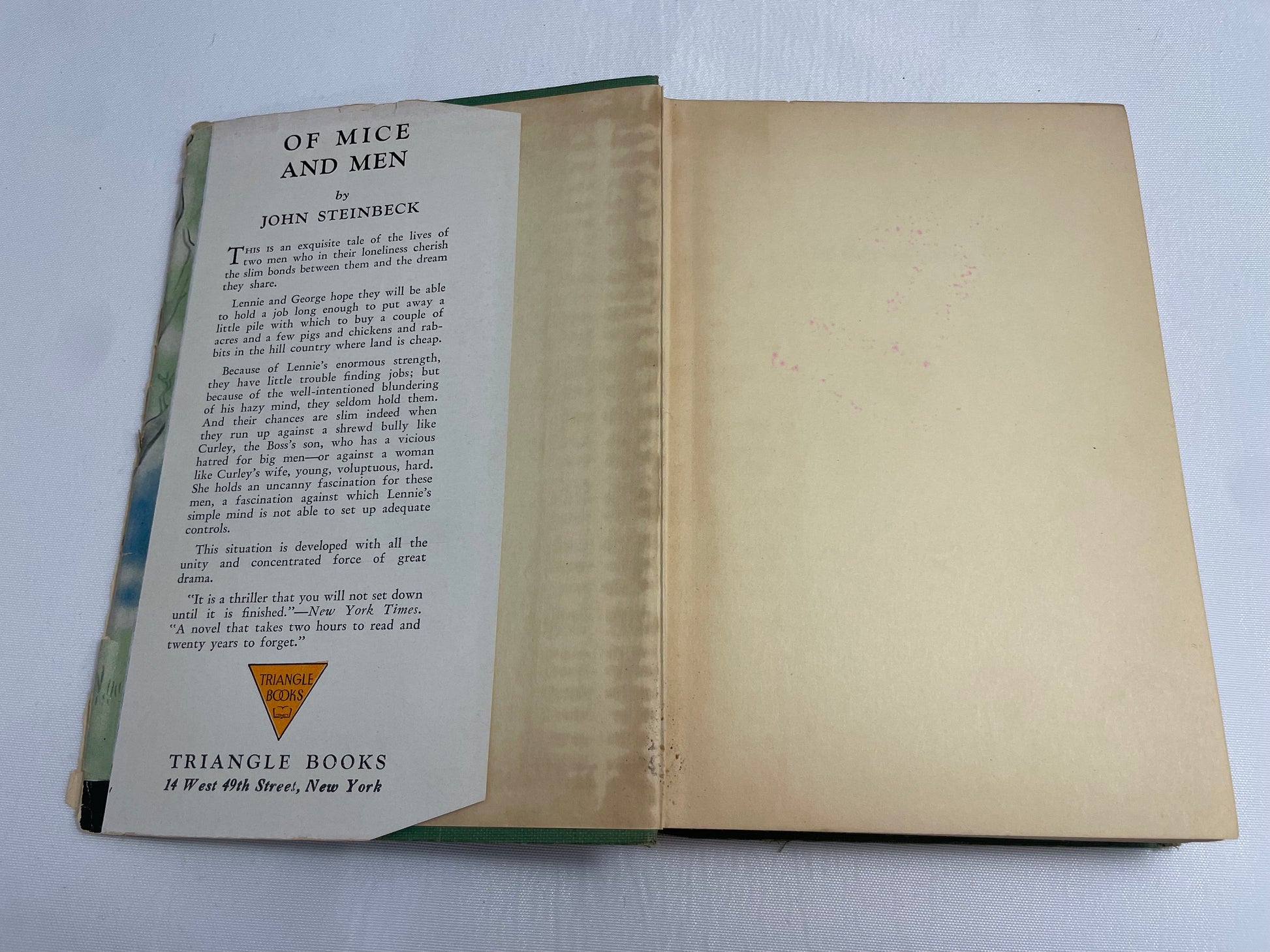 1937 Edition Of Mice and Men a Novel by John Steinbeck, Hardcover, Rare Collectible Antique Books