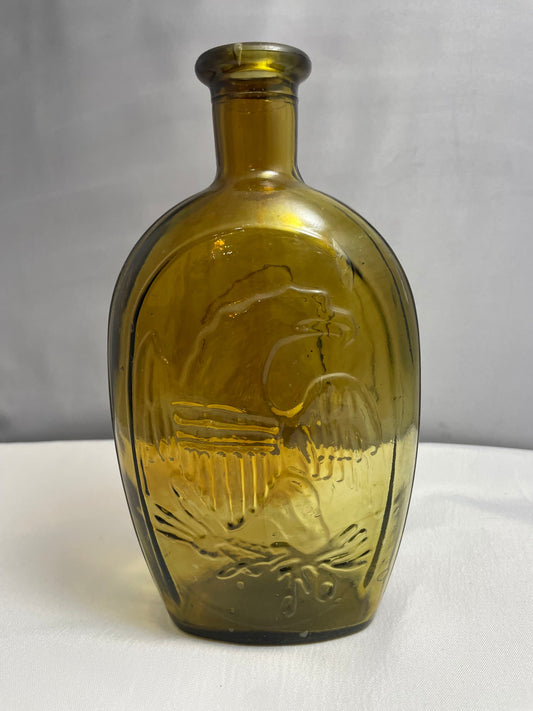 Vintage 1960's Amber Glass Bottle, Bald Eagle and Lady Liberty Designs, Decanter, Collectible Glass