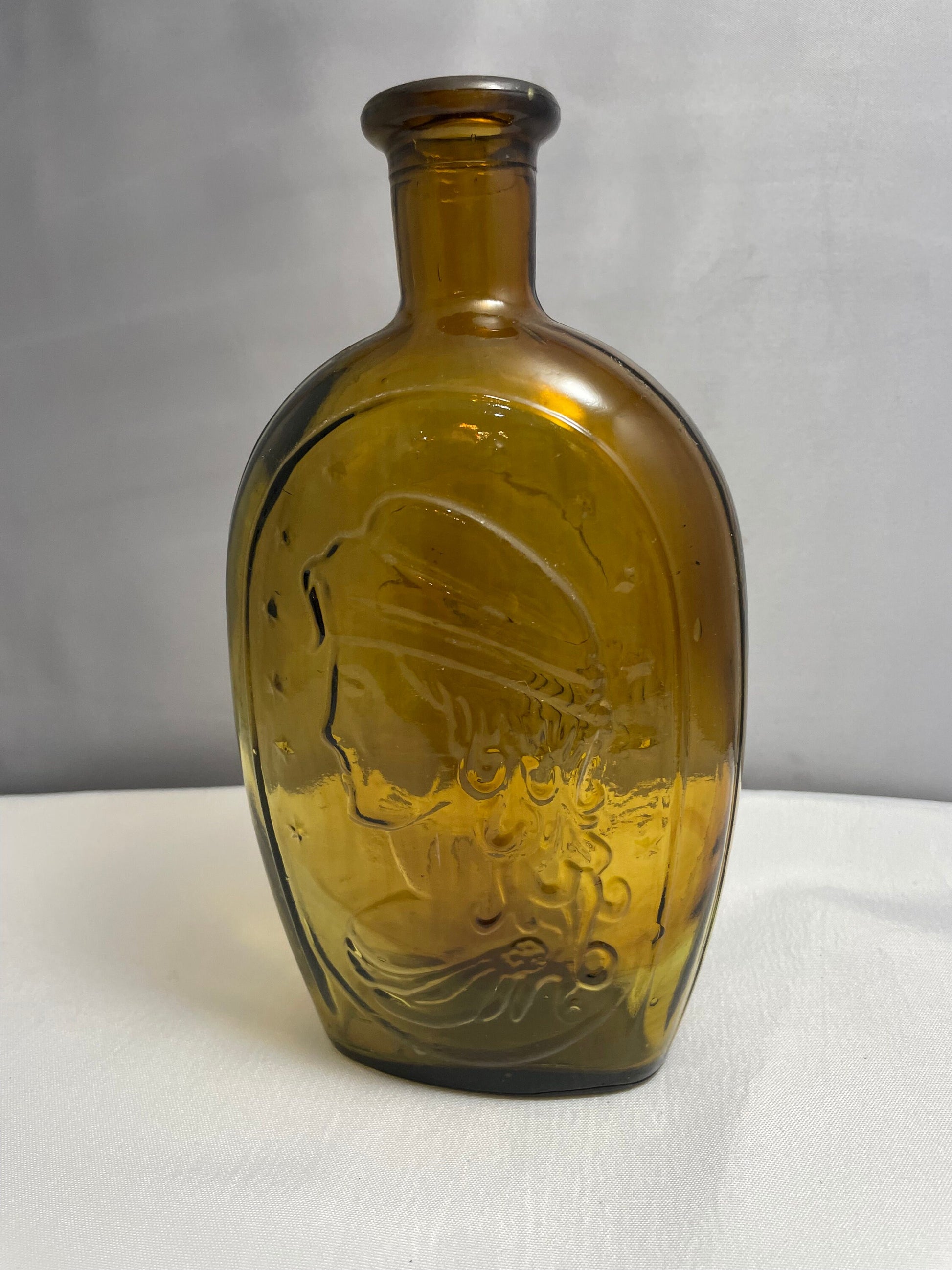 Vintage 1960's Amber Glass Bottle, Bald Eagle and Lady Liberty Designs, Decanter, Collectible Glass