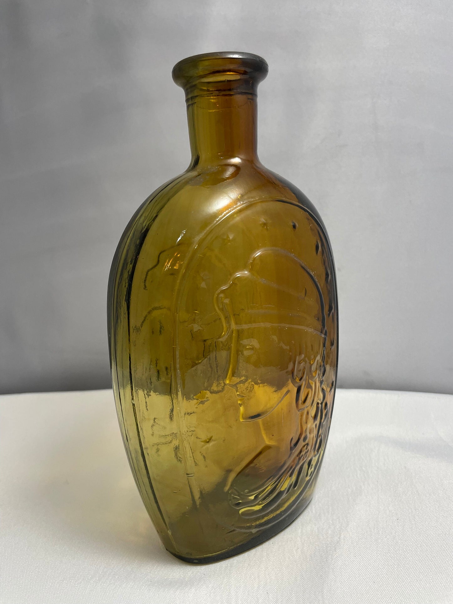 Vintage 1960's Amber Glass Bottle, Bald Eagle and Lady Liberty Designs, Decanter, Collectible Glass