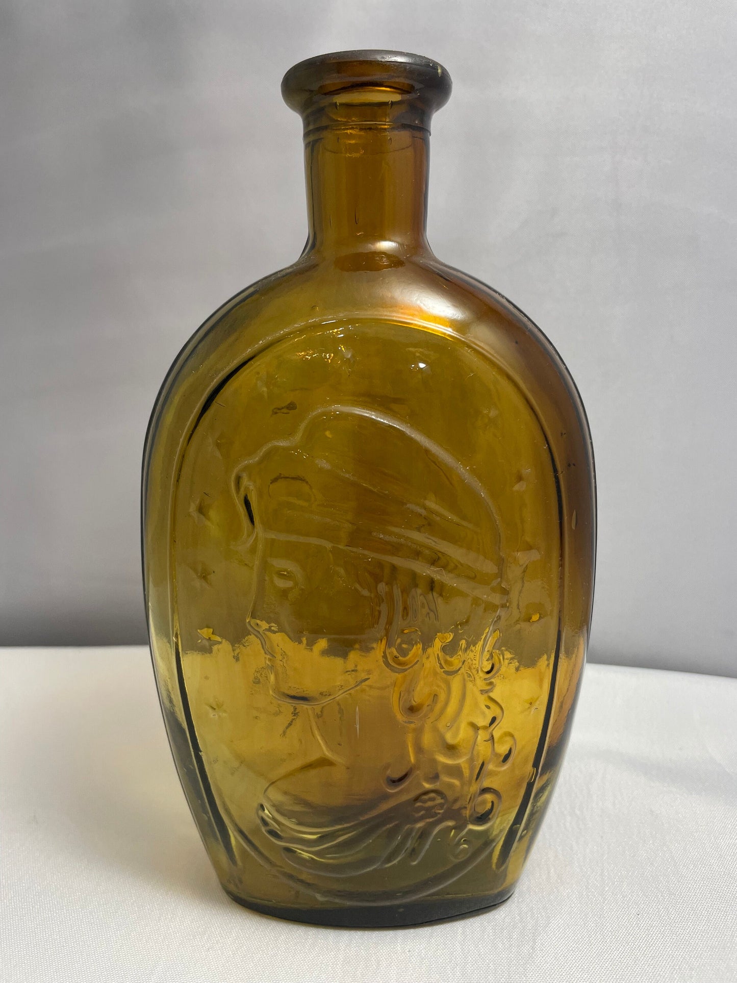 Vintage 1960's Amber Glass Bottle, Bald Eagle and Lady Liberty Designs, Decanter, Collectible Glass