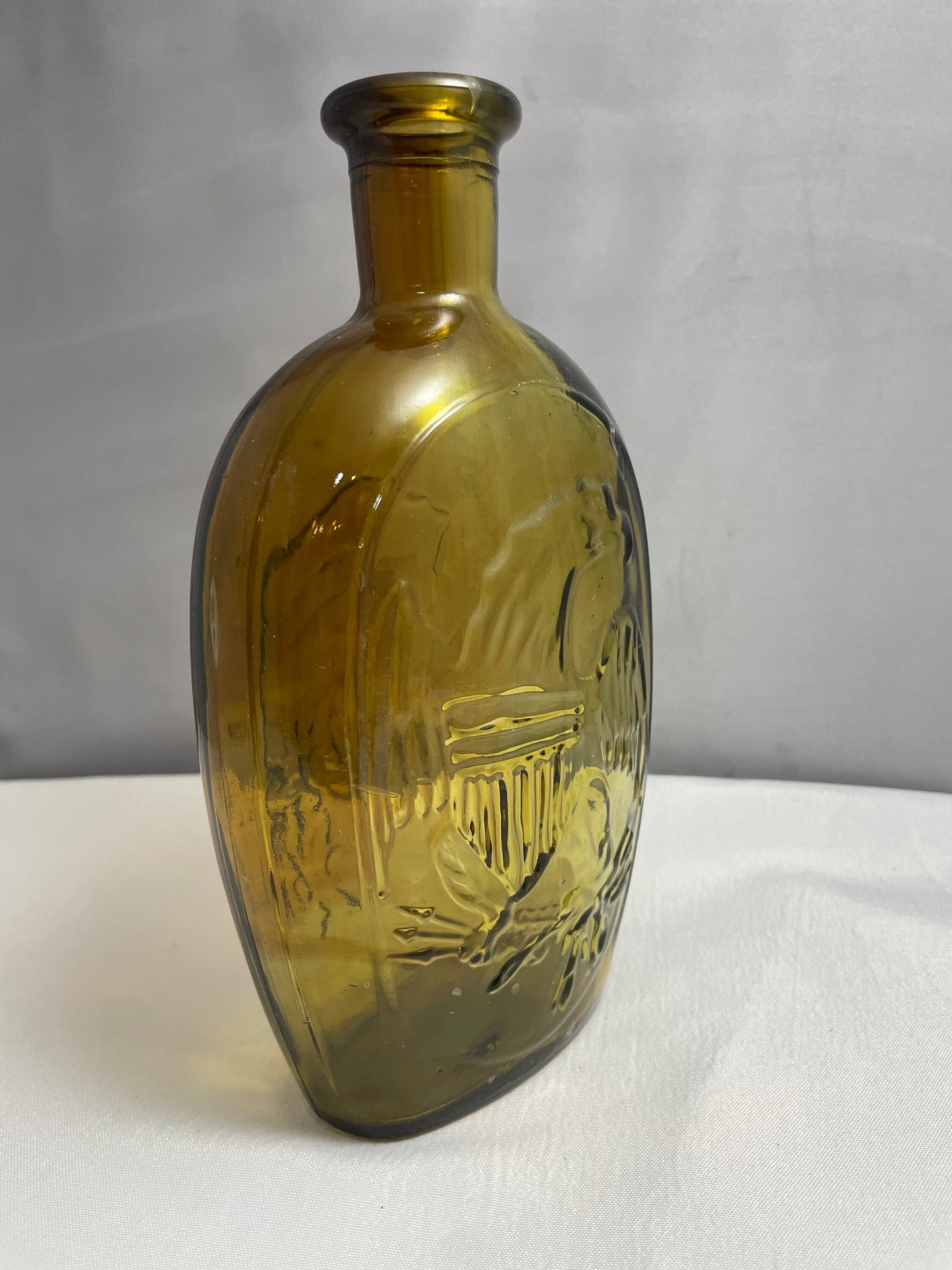 Vintage 1960's Amber Glass Bottle, Bald Eagle and Lady Liberty Designs, Decanter, Collectible Glass