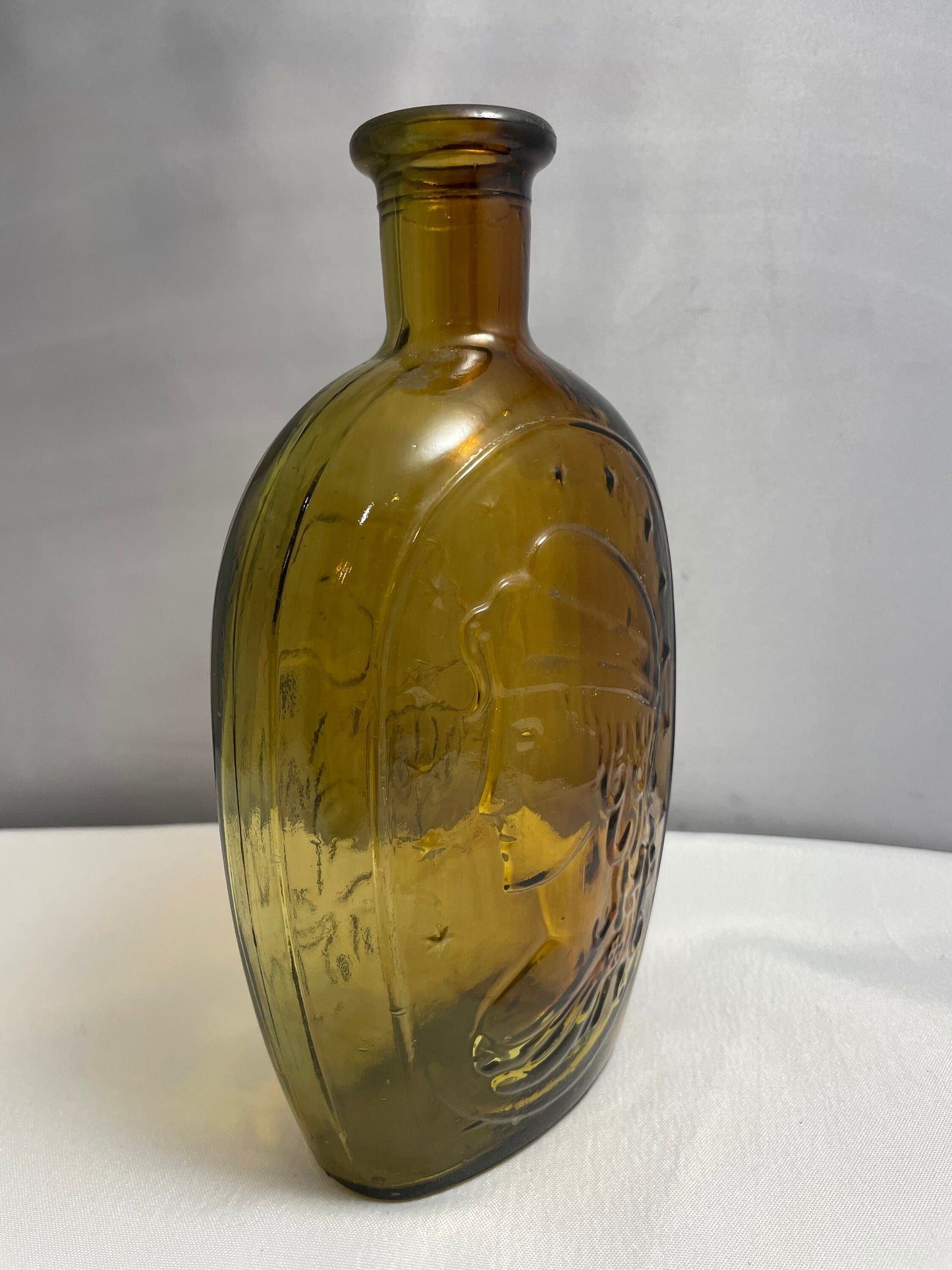 Vintage 1960's Amber Glass Bottle, Bald Eagle and Lady Liberty Designs, Decanter, Collectible Glass