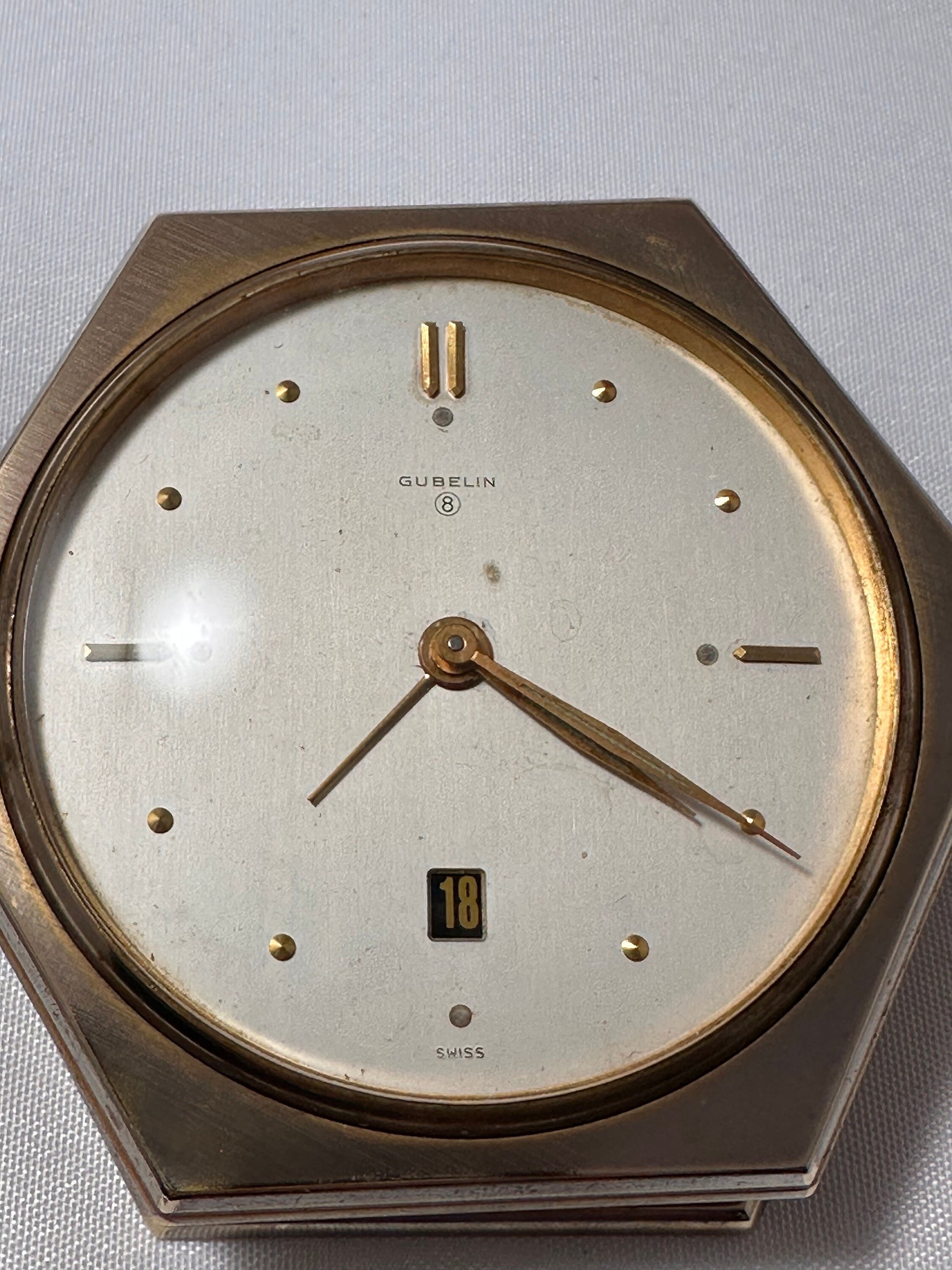 Vintage Swiss Brass Gubelin Desk Clock Alarm, 8 Day Movement, Retro desk Clock