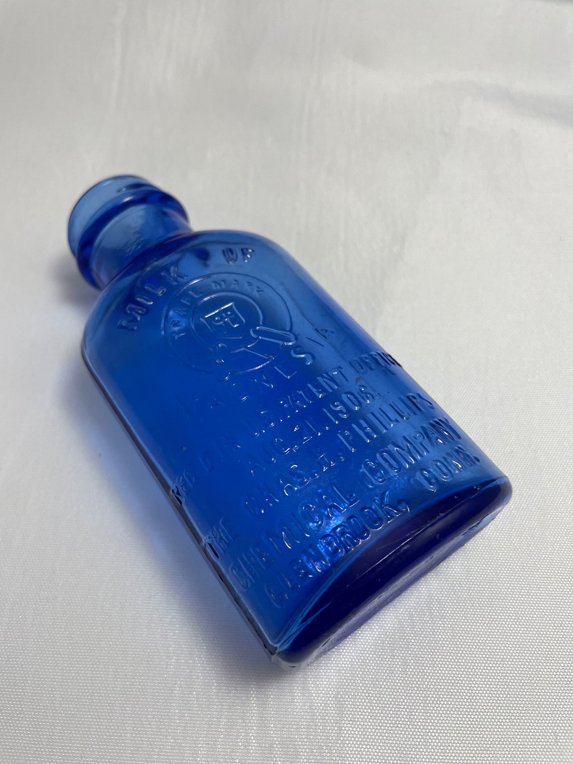 Antique 1930's Milk of Magnesia Chas.H.Phillips Chemical Company Glenbrook, Conn. Blue Glass, Collectible Glassware