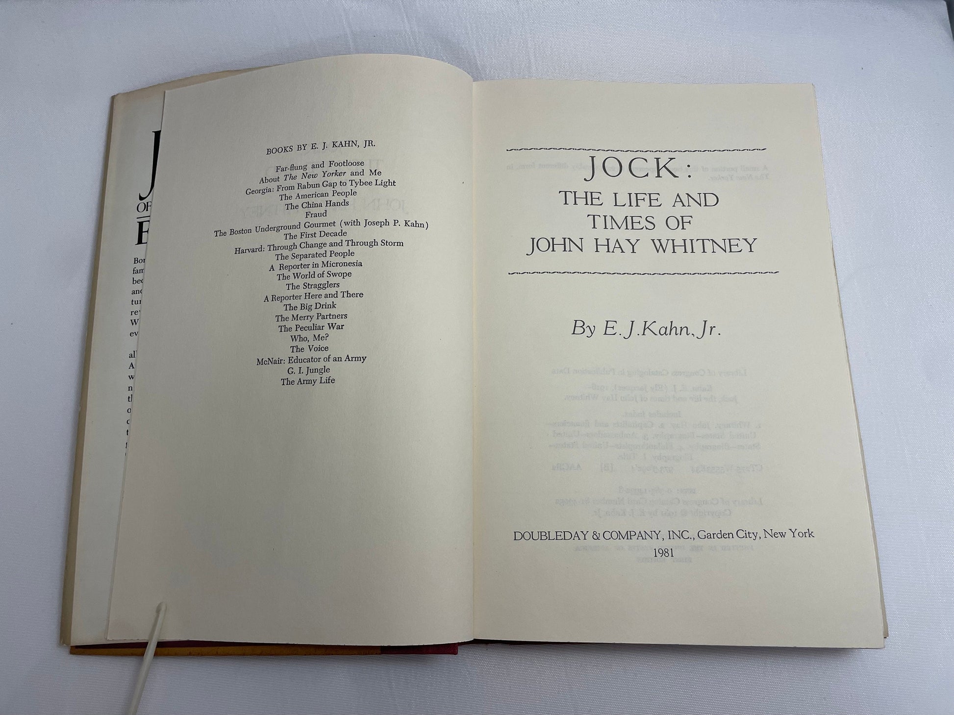 Jock: The Life and Times of John Hay Whitney by E.J. Kahn, Jr. 1981 First Edition, Hardcover, Collectible Book, Vintage Novel