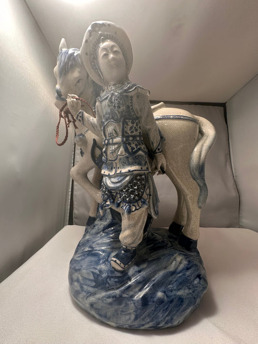 Vintage Bombay Co Chinese Porcelain Statue Man and Horse, Blue and White, Unique Home Decor Accent