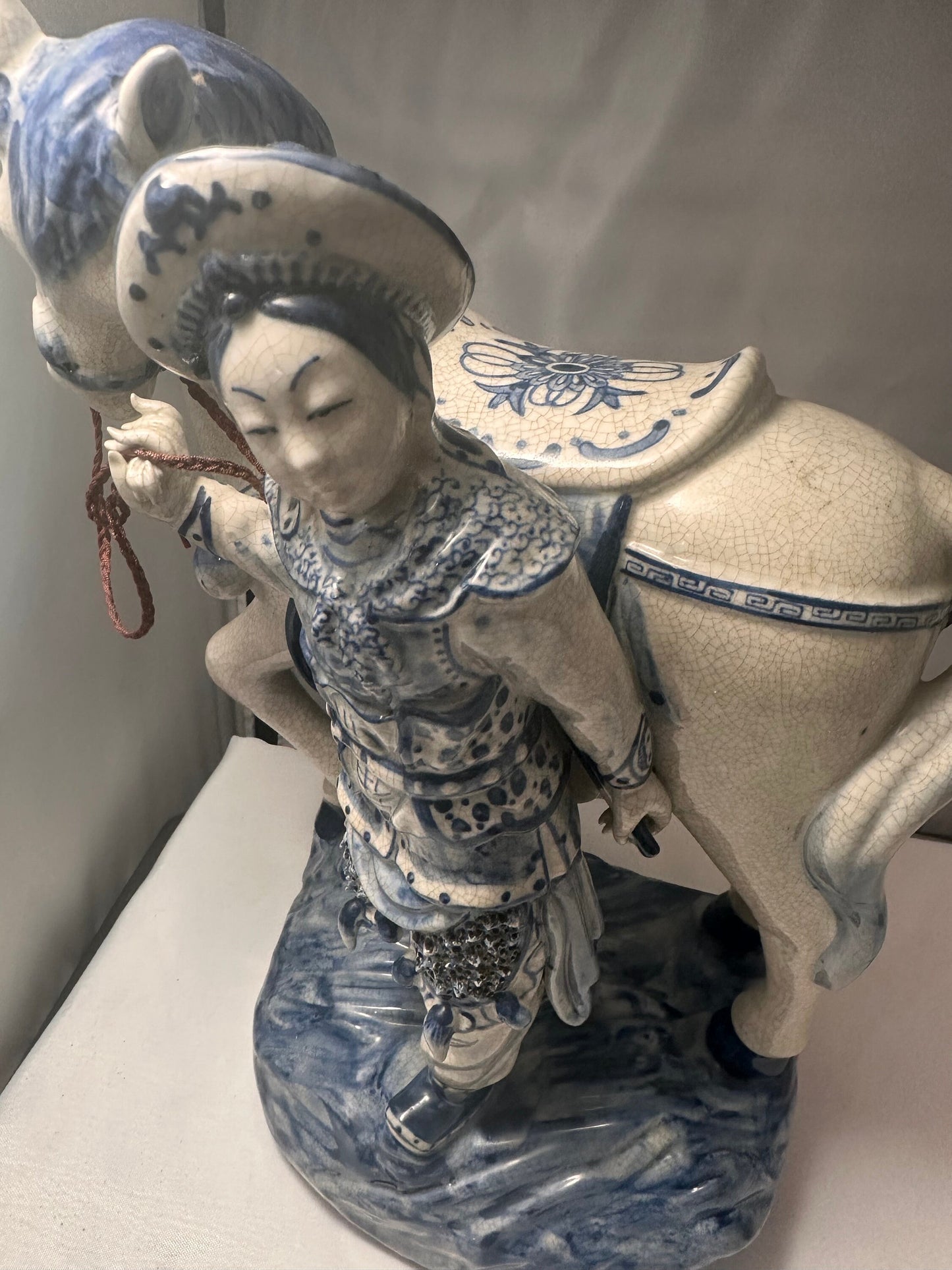 Vintage Bombay Co Chinese Porcelain Statue Man and Horse, Blue and White, Unique Home Decor Accent