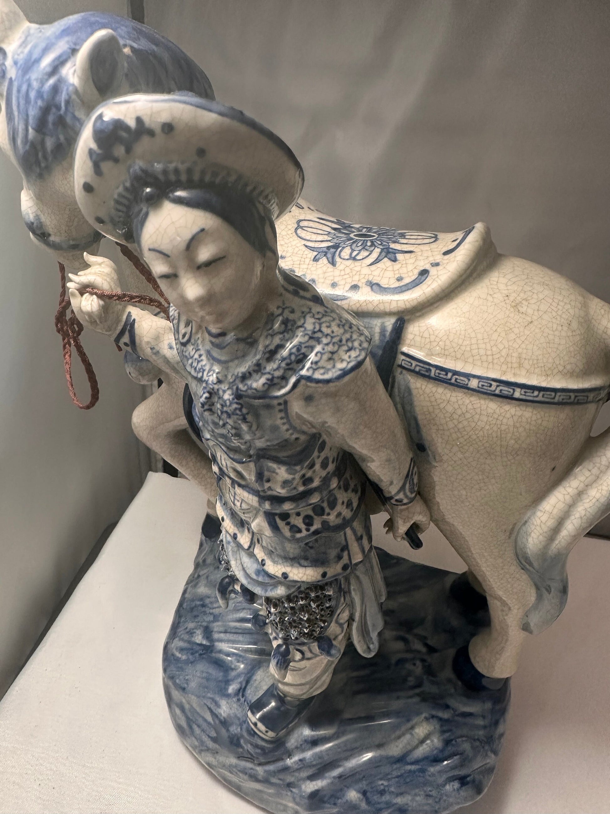 Vintage Bombay Co Chinese Porcelain Statue Man and Horse, Blue and White, Unique Home Decor Accent