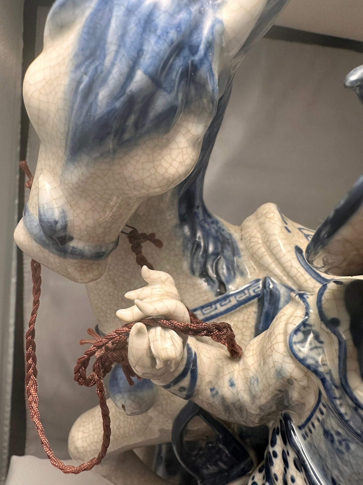 Vintage Bombay Co Chinese Porcelain Statue Man and Horse, Blue and White, Unique Home Decor Accent