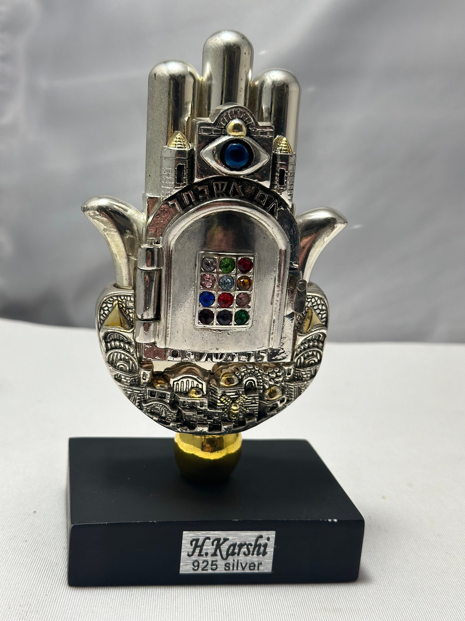 Judaica Karshi Hamsa Hand Sculpture with Blue Evil Eye, Sterling Silver 925, Hebrew Art