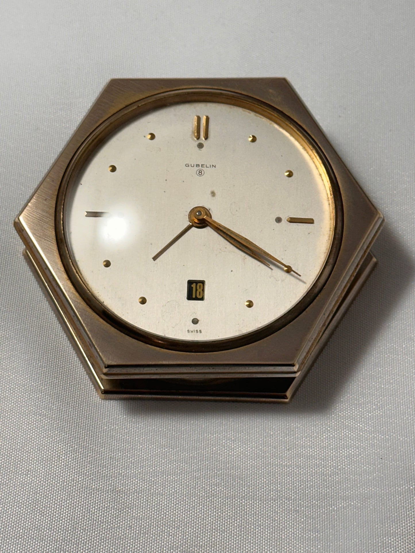 Vintage Swiss Brass Gubelin Desk Clock Alarm, 8 Day Movement, Retro desk Clock