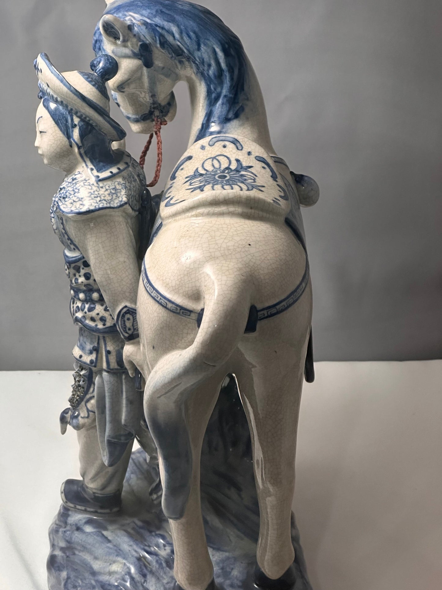 Vintage Bombay Co Chinese Porcelain Statue Man and Horse, Blue and White, Unique Home Decor Accent