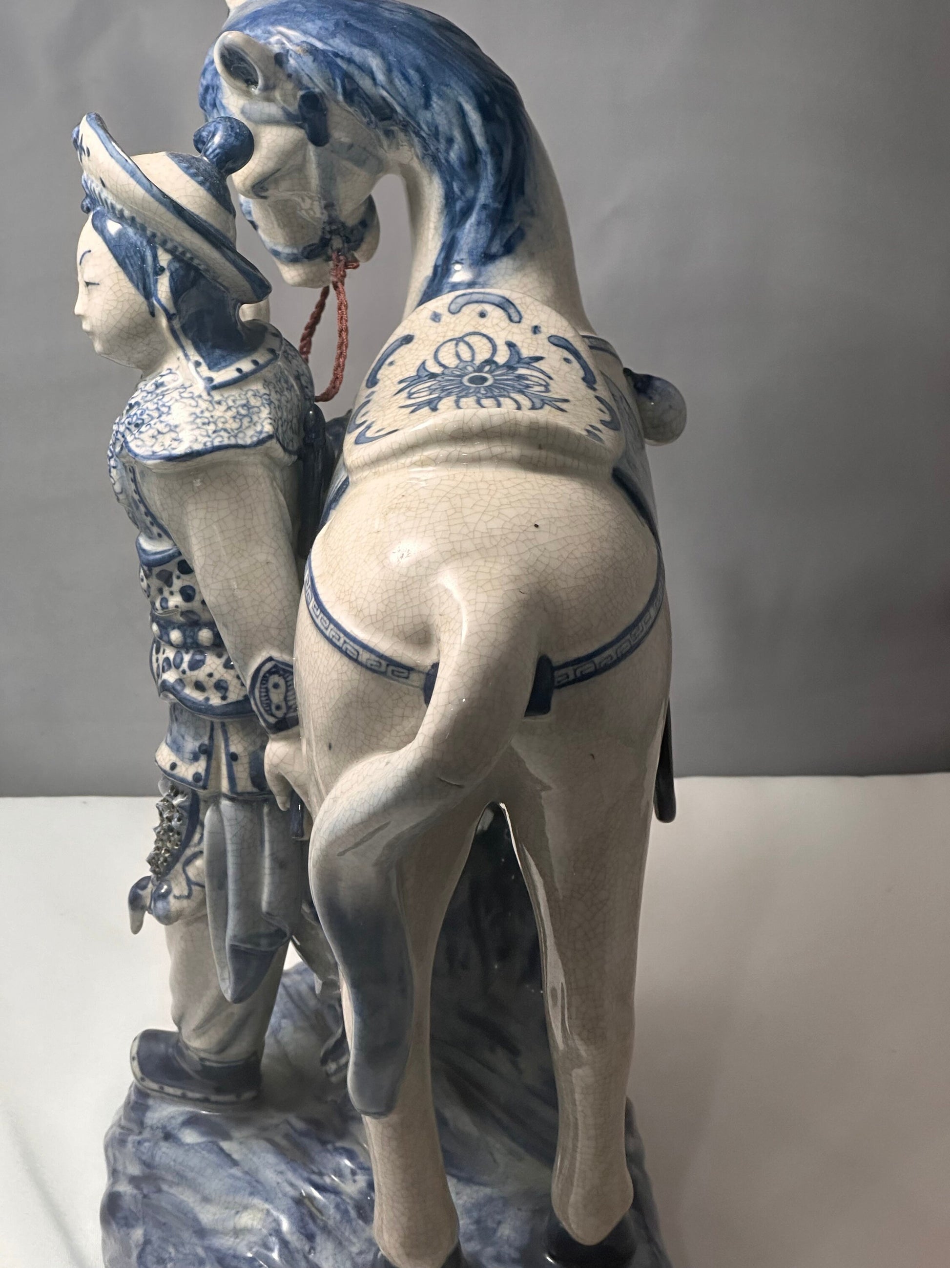 Vintage Bombay Co Chinese Porcelain Statue Man and Horse, Blue and White, Unique Home Decor Accent