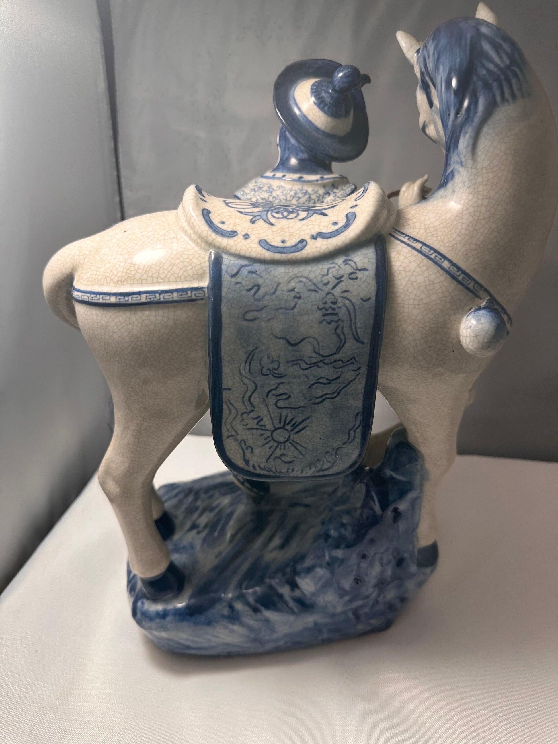 Vintage Bombay Co Chinese Porcelain Statue Man and Horse, Blue and White, Unique Home Decor Accent