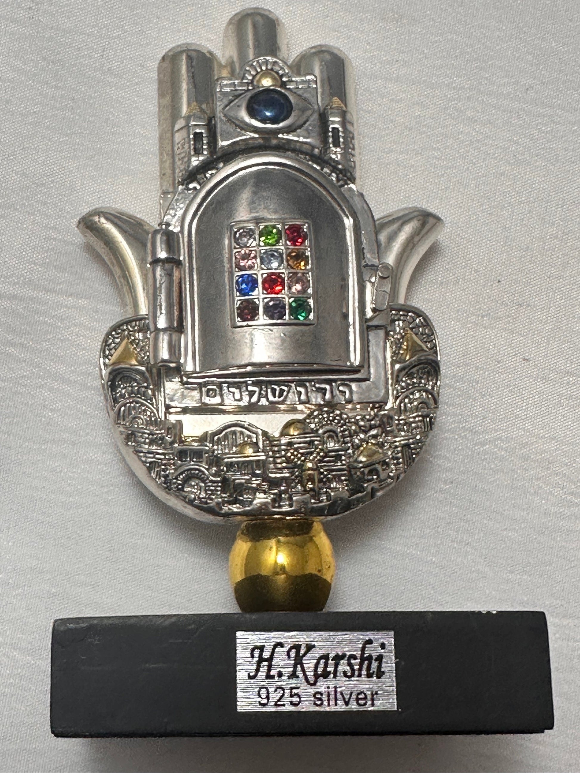 Judaica Karshi Hamsa Hand Sculpture with Blue Evil Eye, Sterling Silver 925, Hebrew Art