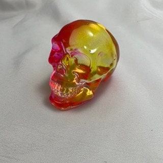 Pink Orange Yellow Skull Sculpture, Colorful Celluloid Skull Decor, Halloween Decor, Unique Skull Figurine, Home Office Decor