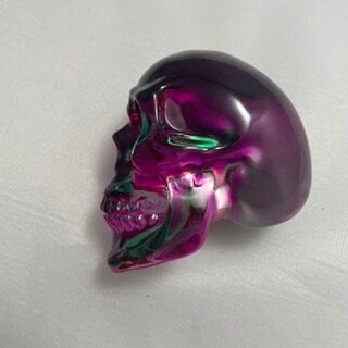 Purple Green Celluloid Skull Carving Sculpture, Unique Halloween Decor, Spooky Home Decor, Creepy Statue, Goth Skull Art