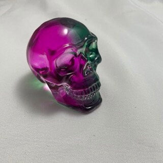 Purple Green Celluloid Skull Carving Sculpture, Unique Halloween Decor, Spooky Home Decor, Creepy Statue, Goth Skull Art