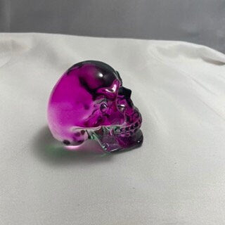 Purple Green Celluloid Skull Carving Sculpture, Unique Halloween Decor, Spooky Home Decor, Creepy Statue, Goth Skull Art