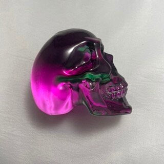 Purple Green Celluloid Skull Carving Sculpture, Unique Halloween Decor, Spooky Home Decor, Creepy Statue, Goth Skull Art