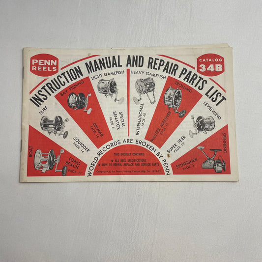 Penn Reels Catalog 34B Instruction Manual, Repair Parts List, Fishing Reel Manual, Maintenance Guide, Vintage Manual